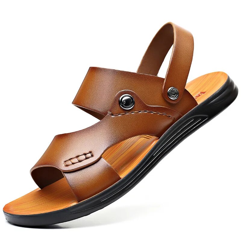 Ankle Strap Leather Slip-On Sandals