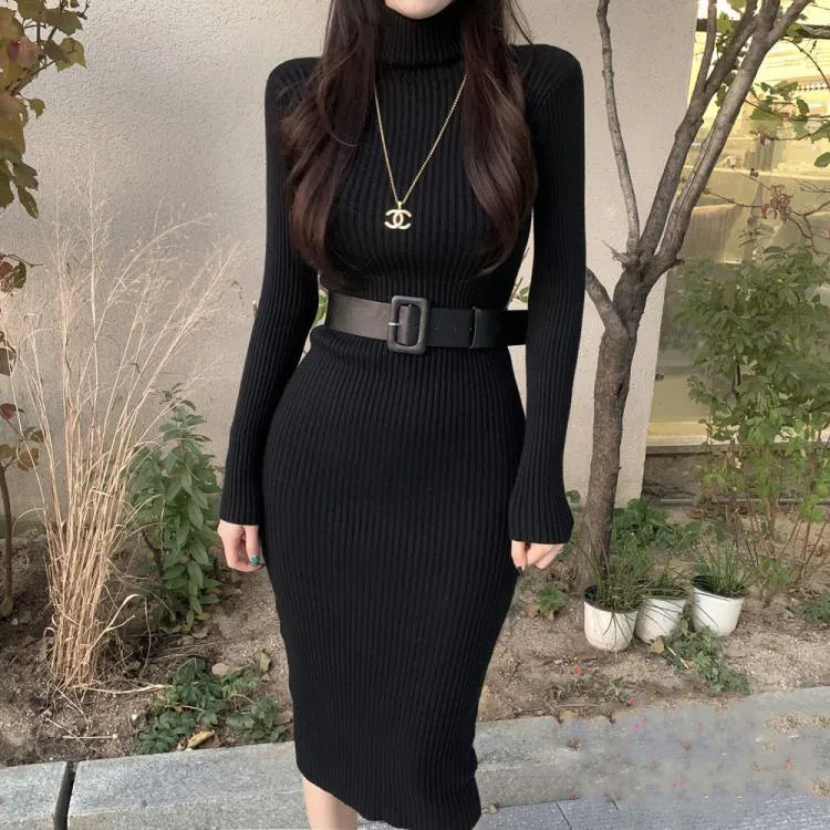 Knitted Turtleneck Belt Black Dress