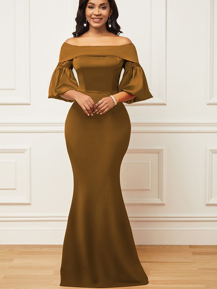 Dark Caramel Ruffle Sleeve Evening Robe