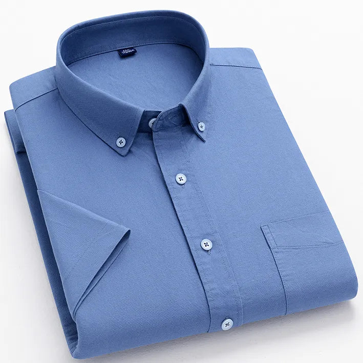 Short Sleeve Cotton Plaid Blue Shirt