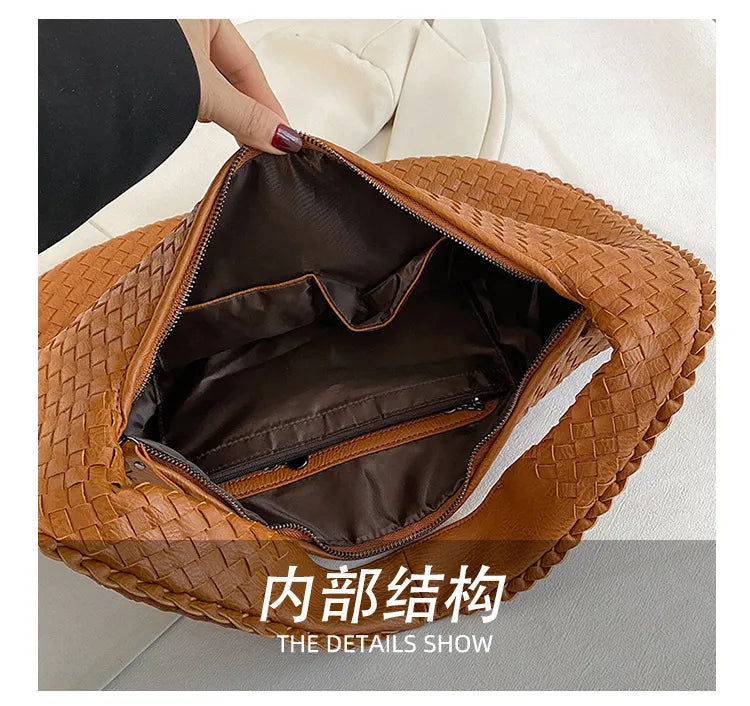 Brown PU Material Woven Handbag